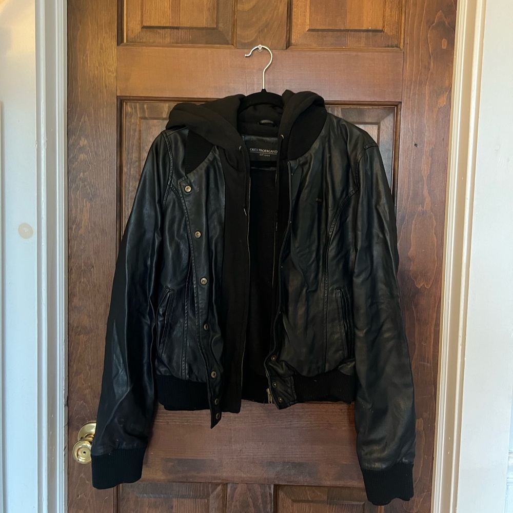 Obey leather jacket with hood // M